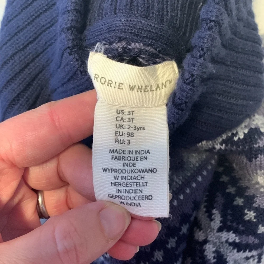 Rorie Whelan size 3t shawl toggle collar light blue navy blue fair isle sweater